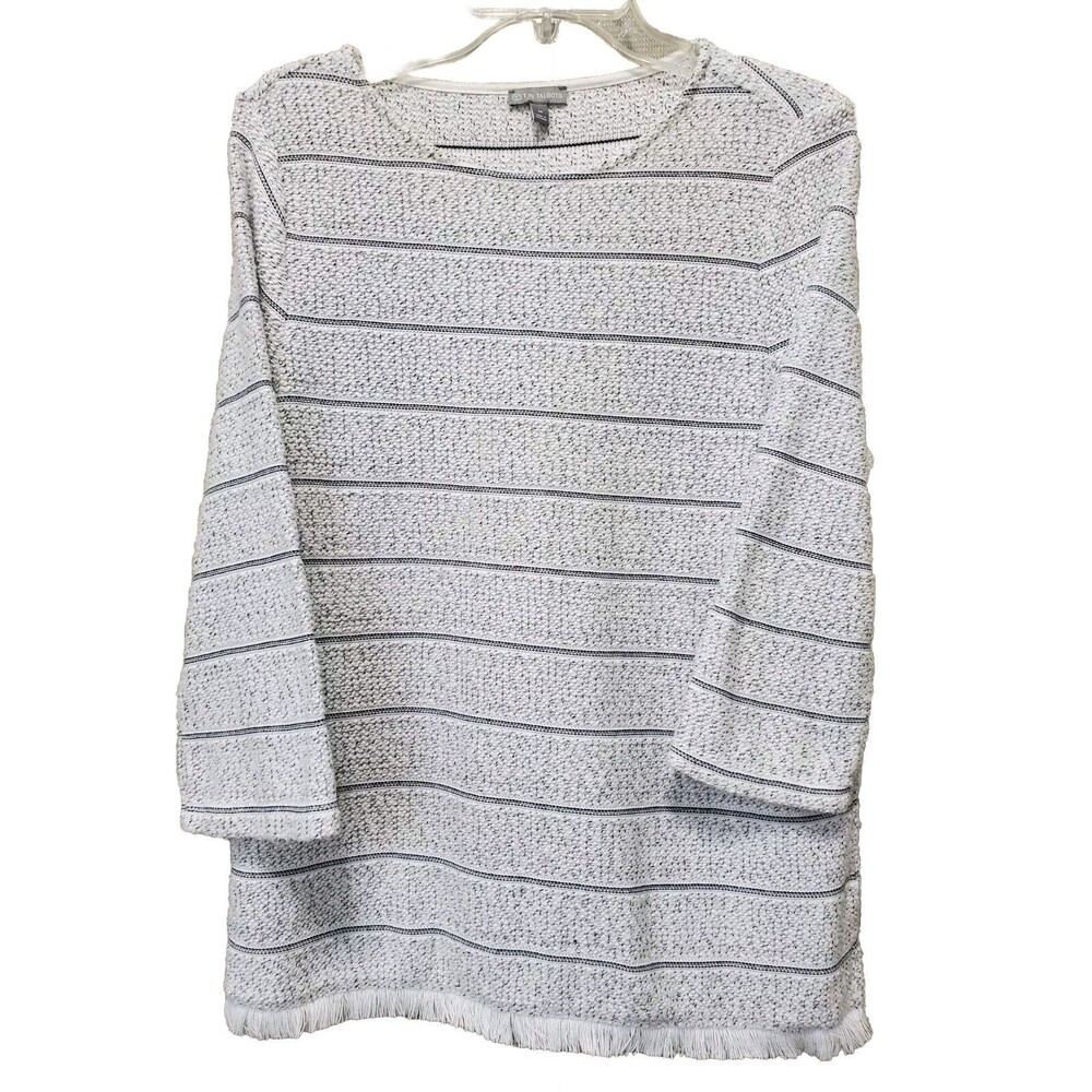 T by Talbots Cotton Blend Striped Fringed Knit Top Size Medium